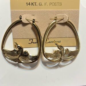 NOS Vintage 1980s 14KT. G.F. Posts Hummingbird  1.75” Flat Hoop Fashion Earrings